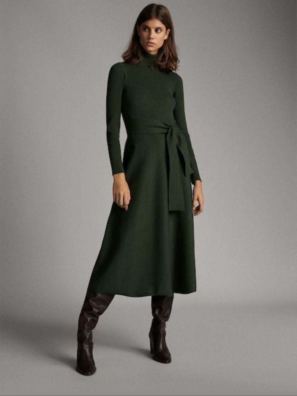Massimo Dutti Bottle Green High Neck Knit Midi Dress with Belt. Size xsmall.